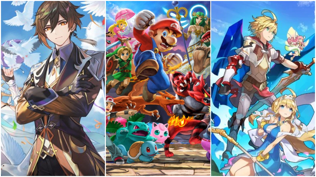 Super Smash Bros - Mobile Game Representation Image Featuring Genshin Impact, Dragalia Lost, And Super Smash Bros Ultimate
