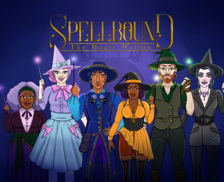 Spellbound title image with 6 characters